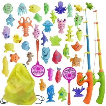 Magnetic Fishing Game for Kids Fishing Toys Game Set for Kids with Pole Rod Net,Plastic Floating Fish,Toddler Education Teaching and Learning of Sizes Colors Ocean ANI(Fishing Toys 40PCS)