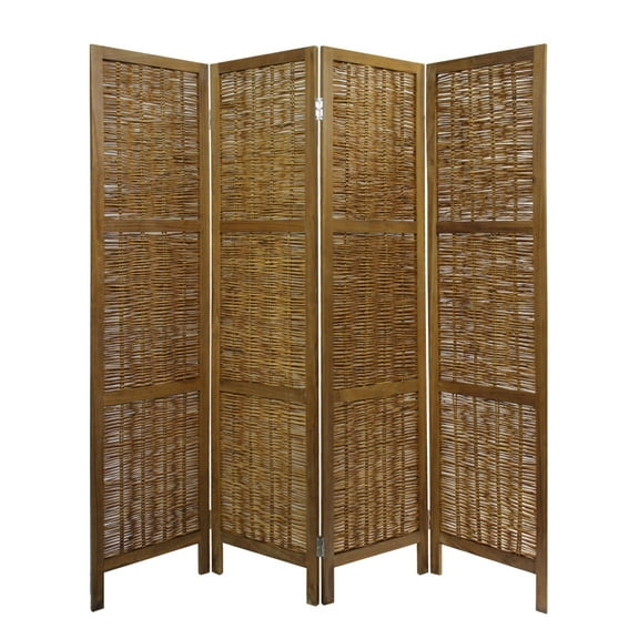 68 Inch Cottage Style 4 Panel Screen Room Divider, Willow Weaving, Brown- Saltoro Sherpi