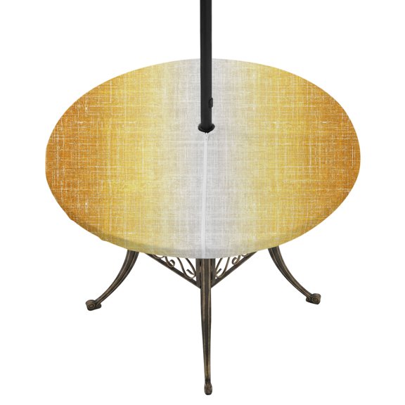 Outdoor Tablecloth with Umbrella Hole and Zipper Yellow Linen Texture Round Fitted Table Cover with Elastic Waterproof Gradient Color Patio Tablecloths for Picnic BBQS Garden Party Fit 45"-54"