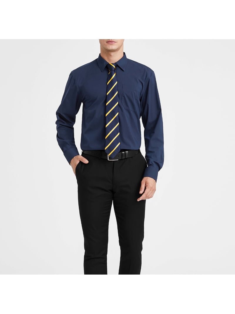 HISDERN Navy Blue Dress Shirts for Men Casual Button Down Long Sleeve Shirt  Tie Set Wedding Business - Walmart.com