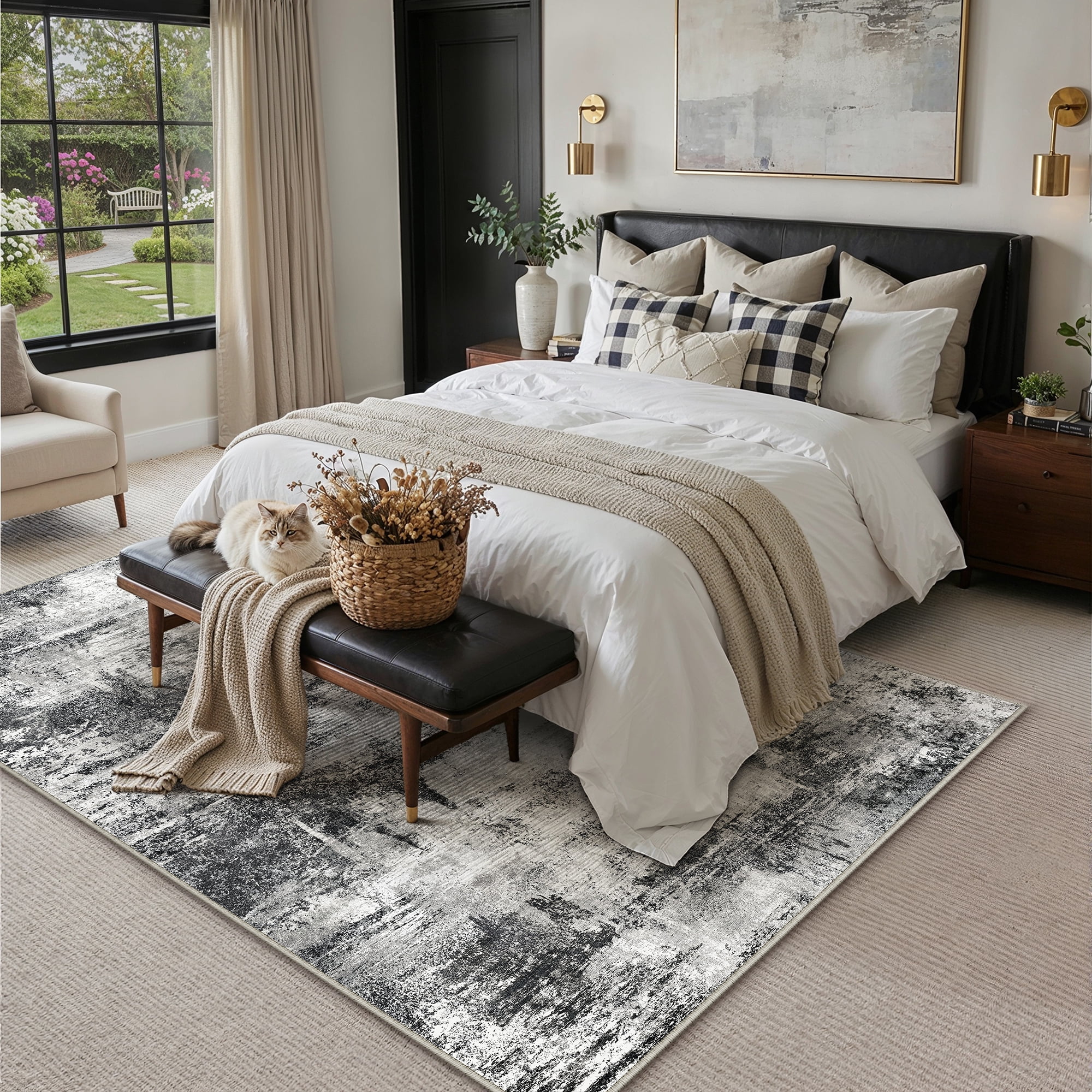 BERTHMEER 9'x12' Large Area Rugs for Living Room Bedroom Office Dining Room Black Neutral Modern Non Slip Washable Abstract Rugs