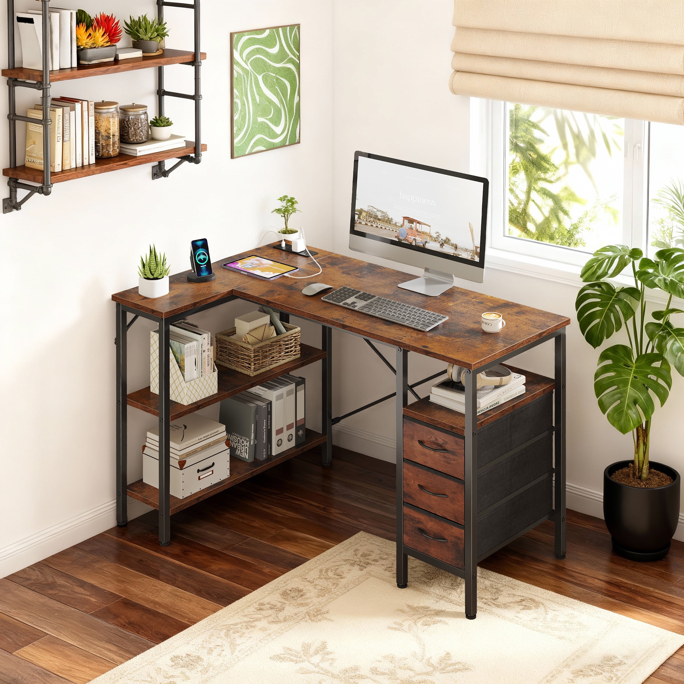 edx 47 Inch L Shaped Desk with Power Outlets, Computer Desk with 3 Drawers, Shelves, Monitor Stand, Corner Work, Rust Brown