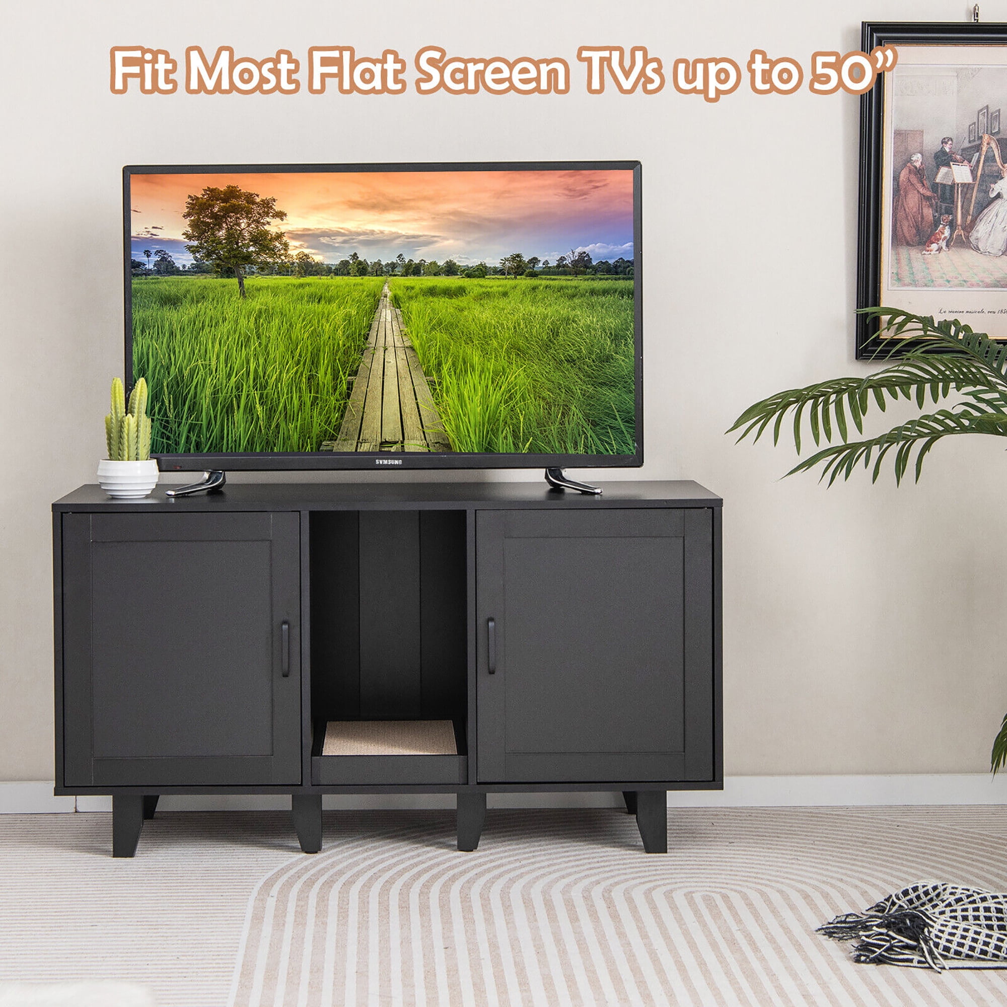 Gymax Cat Litter Box Enclosure TV Stand Cabinet Hidden Cat House