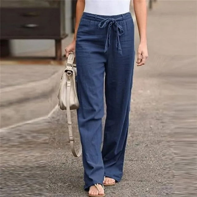 Pants Loose Solid Color Lace Up Elastic Waist Wide Leg Trousers Straight Sweatpants