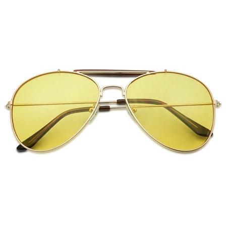 SunglassUP Yellow Tinted Aviator Sunglasses Classic Gold Metal Teardrop Double Bridge Style