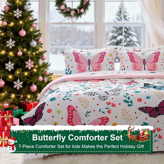 Girls Butterfly Comforter Set Full Size 7 Piece Bed in A Bag Colorful Flowers Leaves Bedding Set for Kids Teens Super Soft All Season