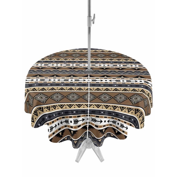 Outdoor Tablecloth with Umbrella Hole Zipper Brown Black Boho Round Tablecloth 60" Waterproof Outside Table Cloth Vintage Tribal Striped Southwestern Patio Table Cover Tablecloths for Picnic Party