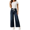 thumbnail image 2 of Jeans de pierna ancha para mujer INSPIRE CHIC con cintura elástica y cordón, pantalones de mezclilla casuales con bolsillos, azul oscuro M, 2 of 6