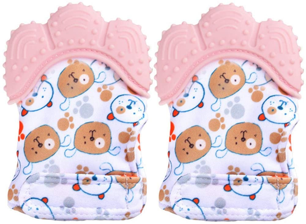 2 Pack Teething Mittens for Baby, Mitten Teether Toy, Infant Teething Mitt Set, Food Grade Safe (BPA Free), Washable & Durable Teething Mitt Baby Prevent Scratches Protection Gloves(Pink)