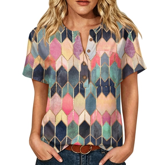 JULMCOMO Cotton Linen T Shirts for Women Floral Print Short Sleeve Casual Henley Shirts Baggy Comfy Summer Tops with Chest Pocket Green M