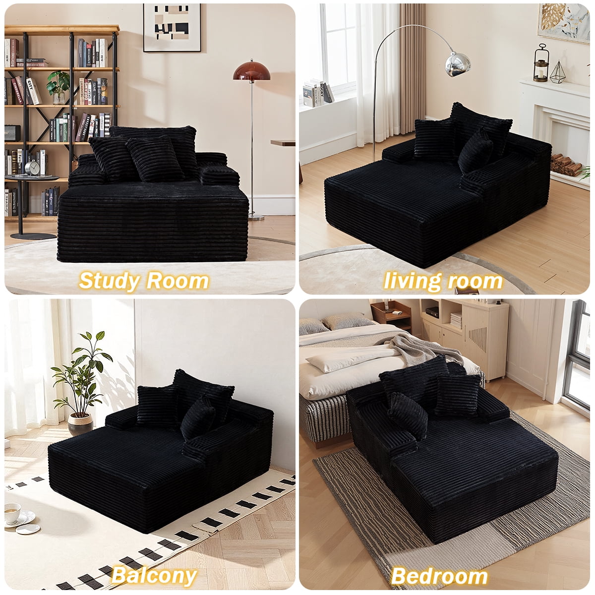 49.6" W Oversized Chaise Lounge Chair Indoor, Boneless Couch with 4 Pillows, Cozy Reading Chairs with Wide Arms, No Assembly Corduroy Boneless Chair, Memory Foam Couch for Living Room, Gray