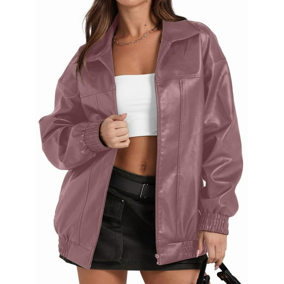 Leather Jacket Women Faux Oversized Motorcycle Coats 2025 Fall Fashion Outfits Winter Clothes Pink M
