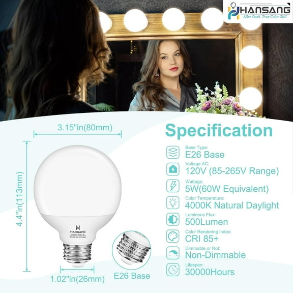 YJYASX-Vanity Barthroom Light Bulbs, E26 Base G25 LED Globe Bulb 4000K Natural Daylight, 5W (60 Watt Equivalent) Non-dimmable Vanity for Bathroom Mirror and Decoration Lighting, 4 Pack