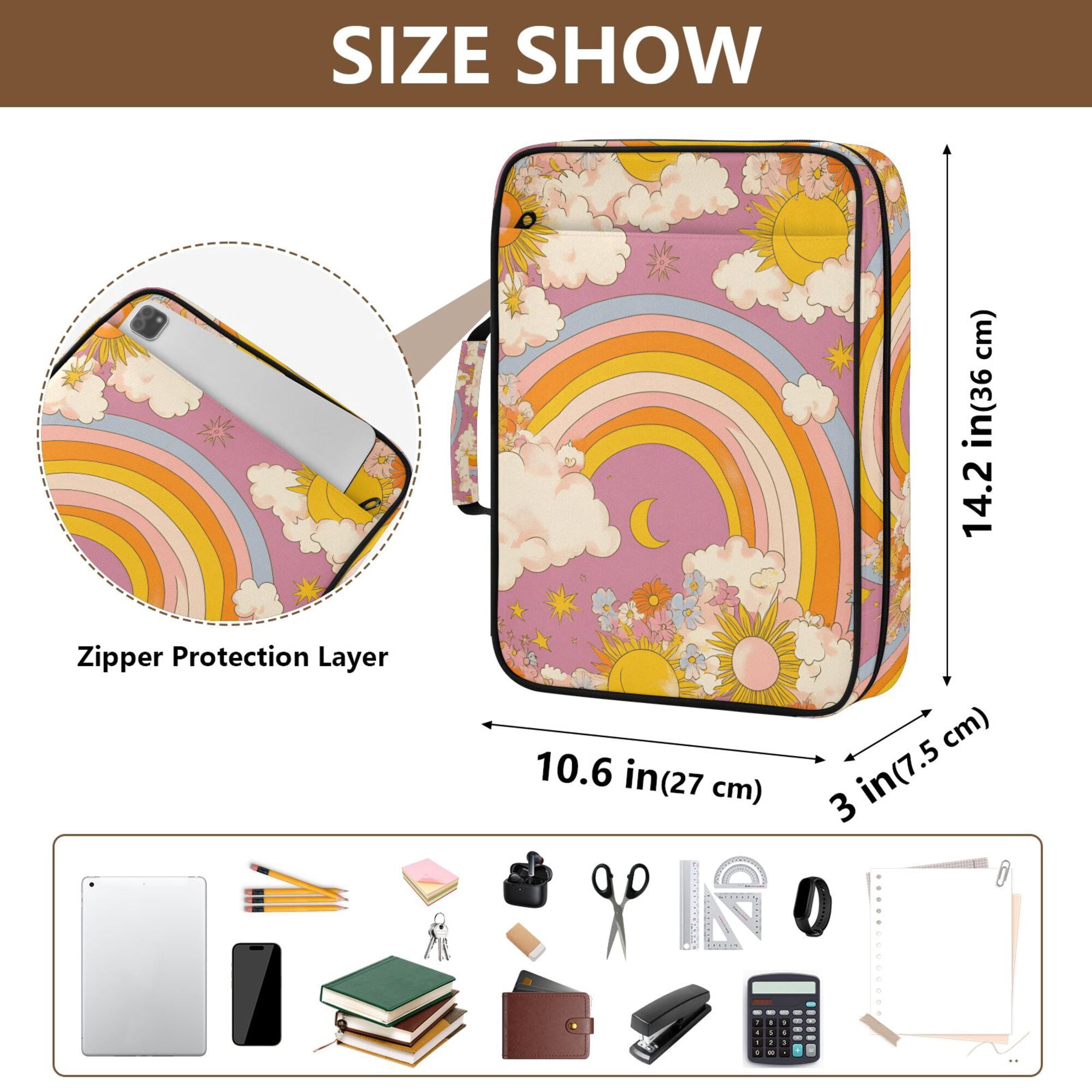 FORMRS Accordion File Folder A4 Size 7-Pocket Expanding Document Organizer Bag with 3 Ring Binder, Purple Retro Rainbow