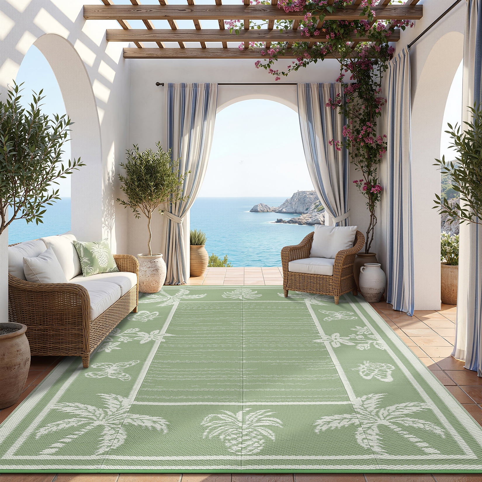 FairOnly 9'x12'Modern Tropical Floral Outdoor Rug Waterproof Reversible & Portable for Patio Poolside & Beach RV,Grey Green