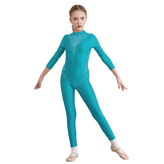 YIZYIF Kids Girls Long Sleeve Unitard Illusion V Neck Shiny Rhinestone Mesh Patchwork Gymnastics Ballet Leotard Blue Green 14