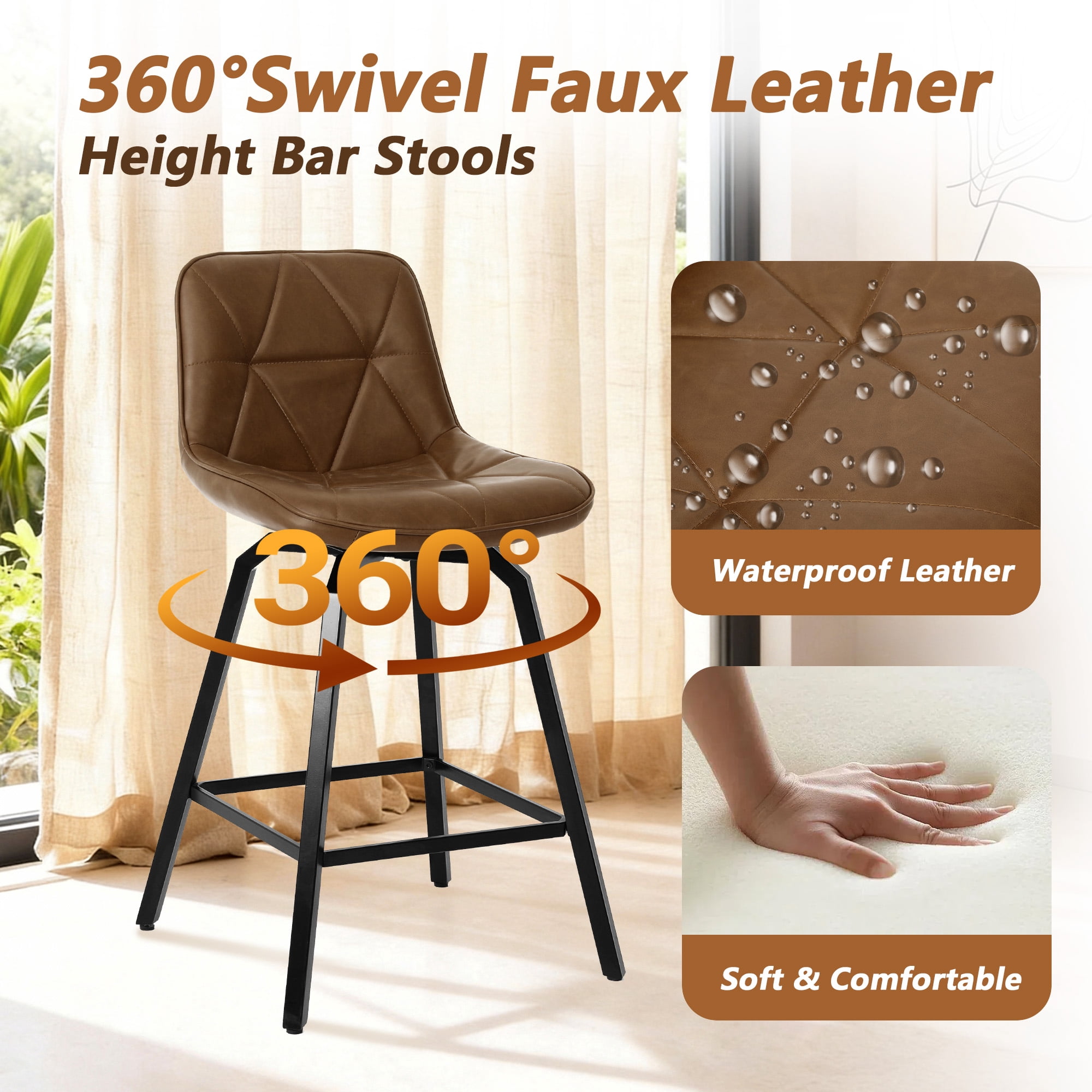 Fancrou 26″ Swivel Counter Height Bar Stools Set Of 3, Triangular Pattern Faux Leather Seat With Metal Legs And Back, Darkbrown