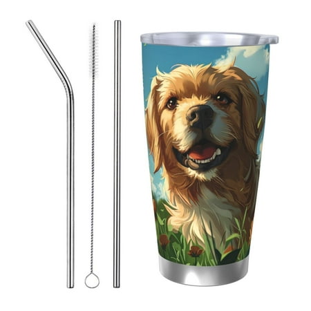 

KLL Happy Dog In Flower Field Print 40oz Stainless Steel Insulated Car Cup with Spillproof Lid - Keep Your Drink Hot or Cold on the Go-Straw Three-piece Set