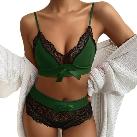 

rygai Bowknot Decor Spaghetti Strap Bra Briefs Set High Waist Lace Patchwork Push Up Underwear Panties for Daily Wear Green 2XL
