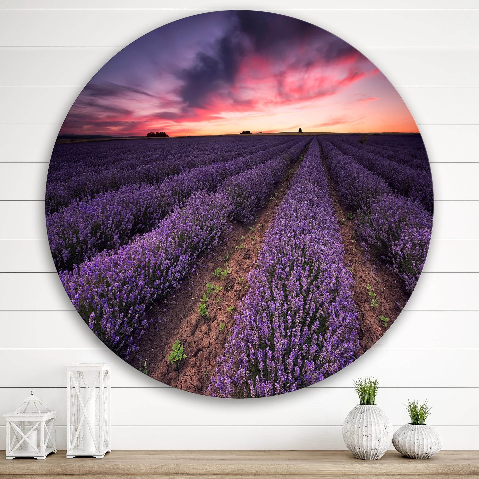 Designart 'Dramatic Clouds and Sunrise Over Lavender Field IX' Farmhouse Circle Metal Wall Art 36x36 - Disc of 36
