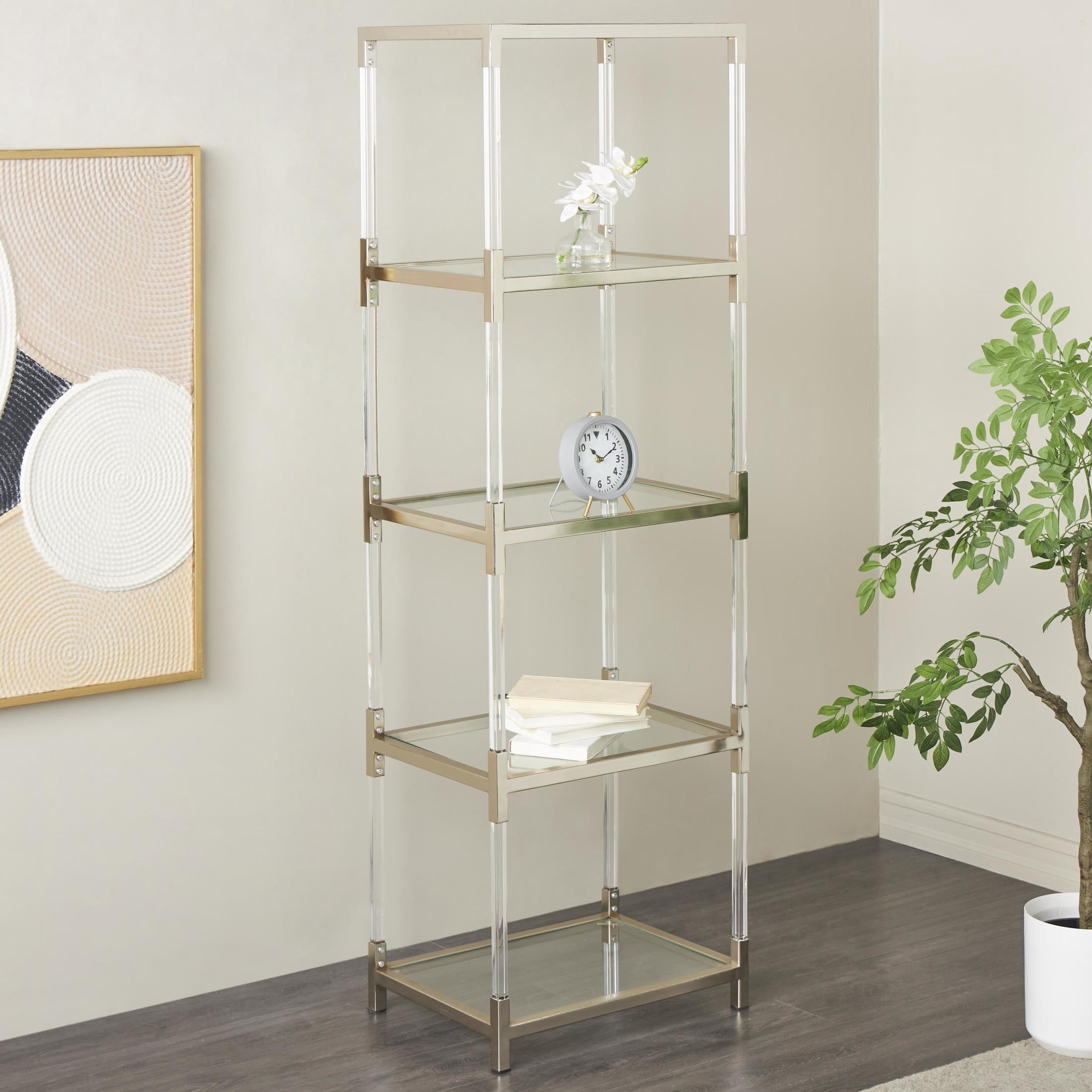 DecMode 22" x 70" Silver Metal Cube Shaped 4-Tier Shelving Unit with Clear Glass Top and Acrylic Legs, 1-Piece