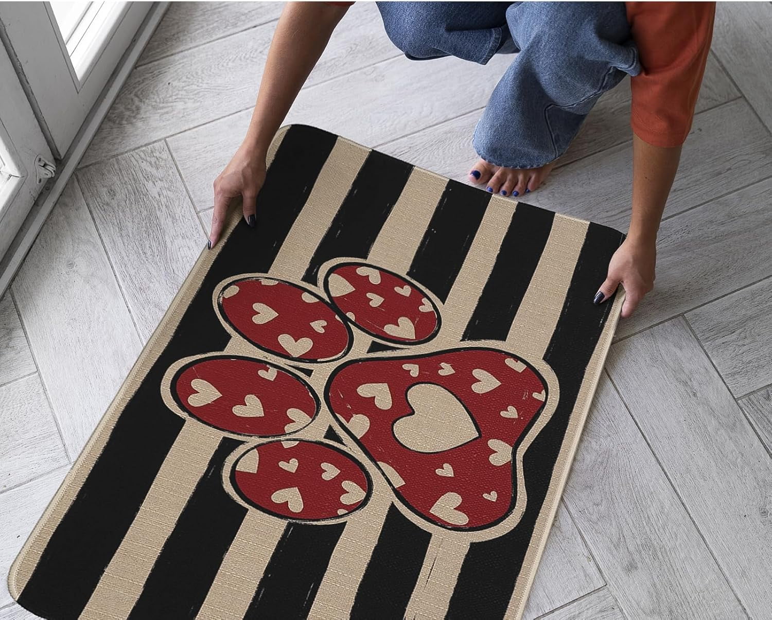 Valentines Day Door Mat Paw Print Love Doormat Valentines Decor Kitchen Mats Home Party Wedding Outdoor Entrance Non-Slip Rubber Door Mats 30" X 17"