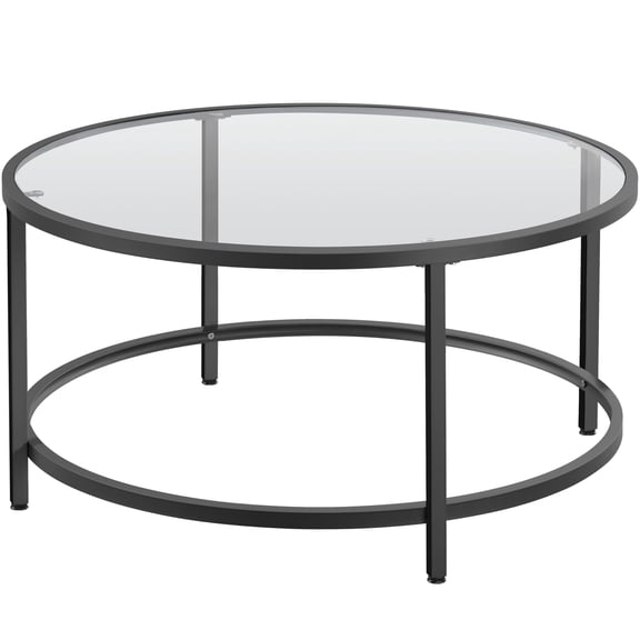 Round Glass Coffee Table, 36 Inch Tempered Glass Table Top for Living Room, Modern Metal Frame Side Table for Small Space, Durable Easy Clean Accent Furniture, Black