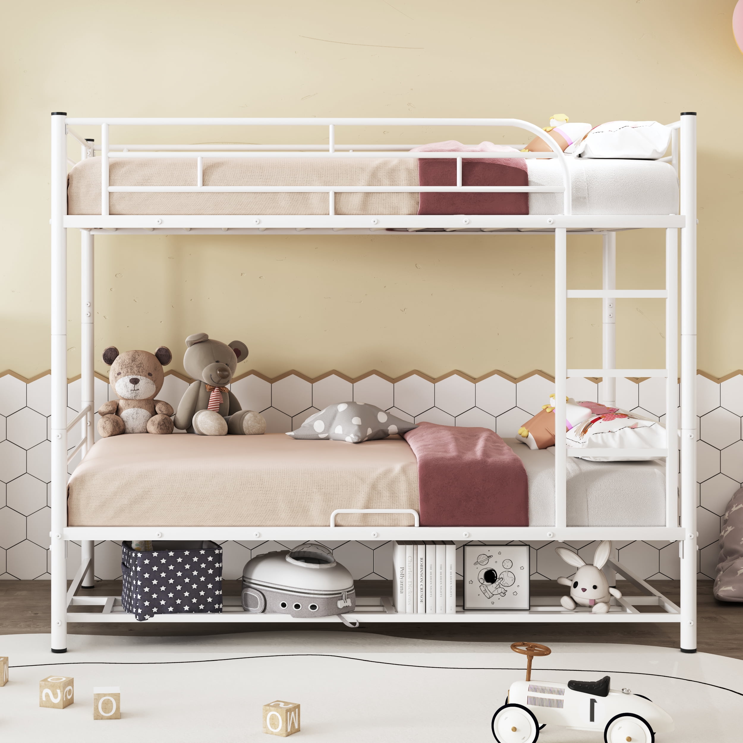 Aukfa Twin-Over-Twin Bunk Bed, Heavy Duty Metal Convertible into Two Platform Beds for Kids Teens Dorm - White