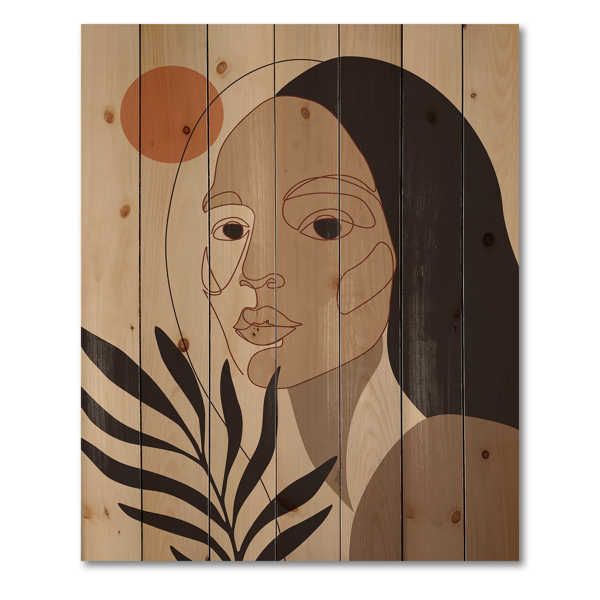 Designart 'Retro Minimal Portrait of Young Girl' Modern Print on Natural Pine Wood
