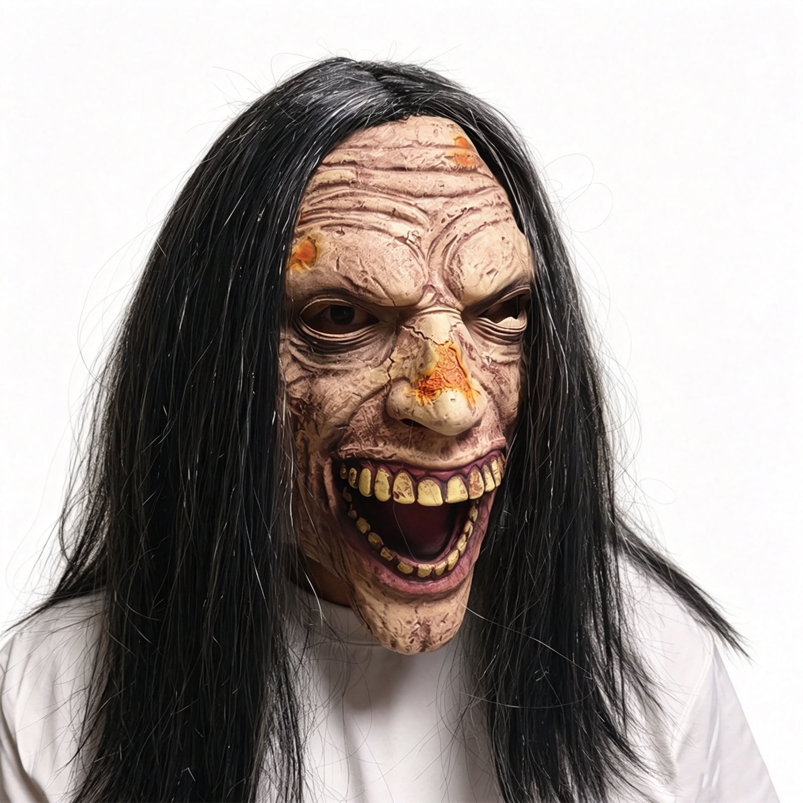 Scary Zombie Head Mask with Hair Realistic Creepy Smiling Demon Ghost Mask Horror Zombie Head Masks Fancy Dress for Halloween Carnival Party