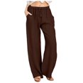 thumbnail image 1 of Pantalones casuales de lino con cintura ancha y cordón largo para mujer - Pantalones elásticos de cintura alta y pierna ancha en color liso, 1 of 6