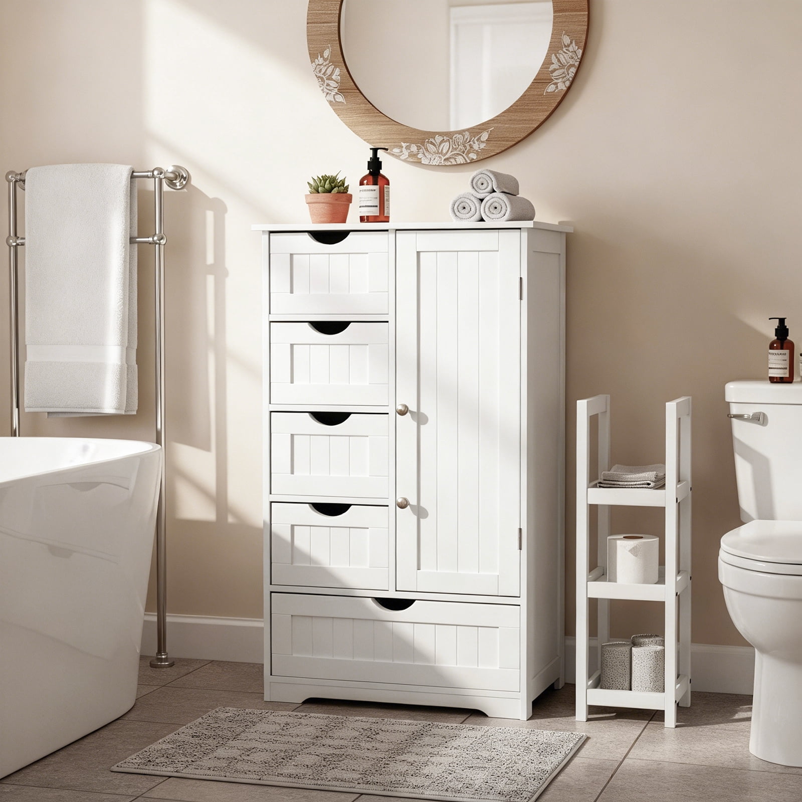 Ktaxon Wooden Bathroom Floor Cabinet, Side Storage Organizer with 5 Drawers, 1 Cupboard & 2-Shelves, White