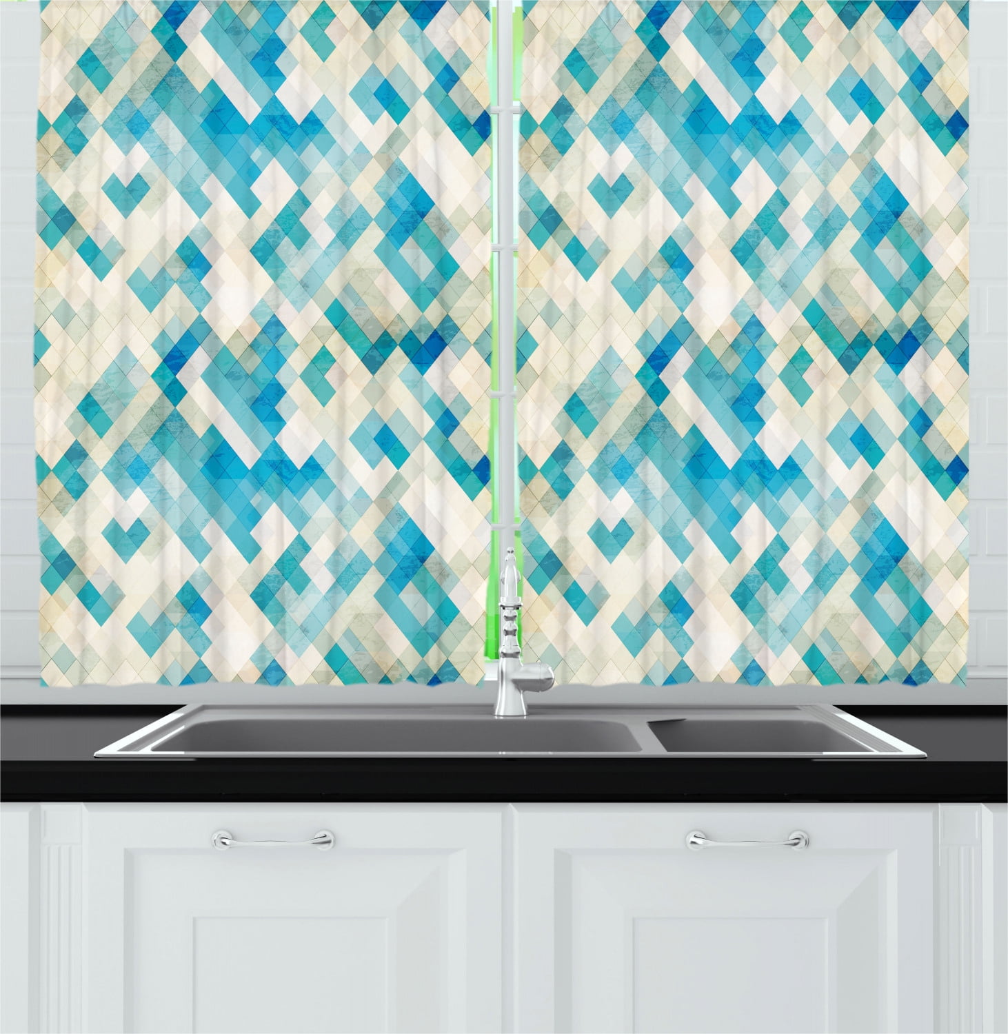 Geometric Curtains 2 Panels Set, Blue Themed Hexagonal Shaped Abstract