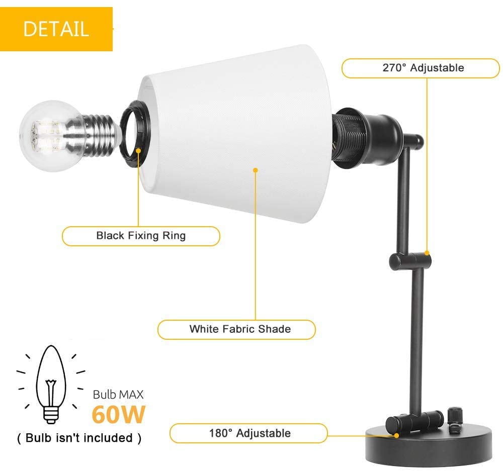 Adjustable Swing Arm Sconces 2 Pack Wall Lamps with White Shade & Black Metal (Bulbs Not Included)