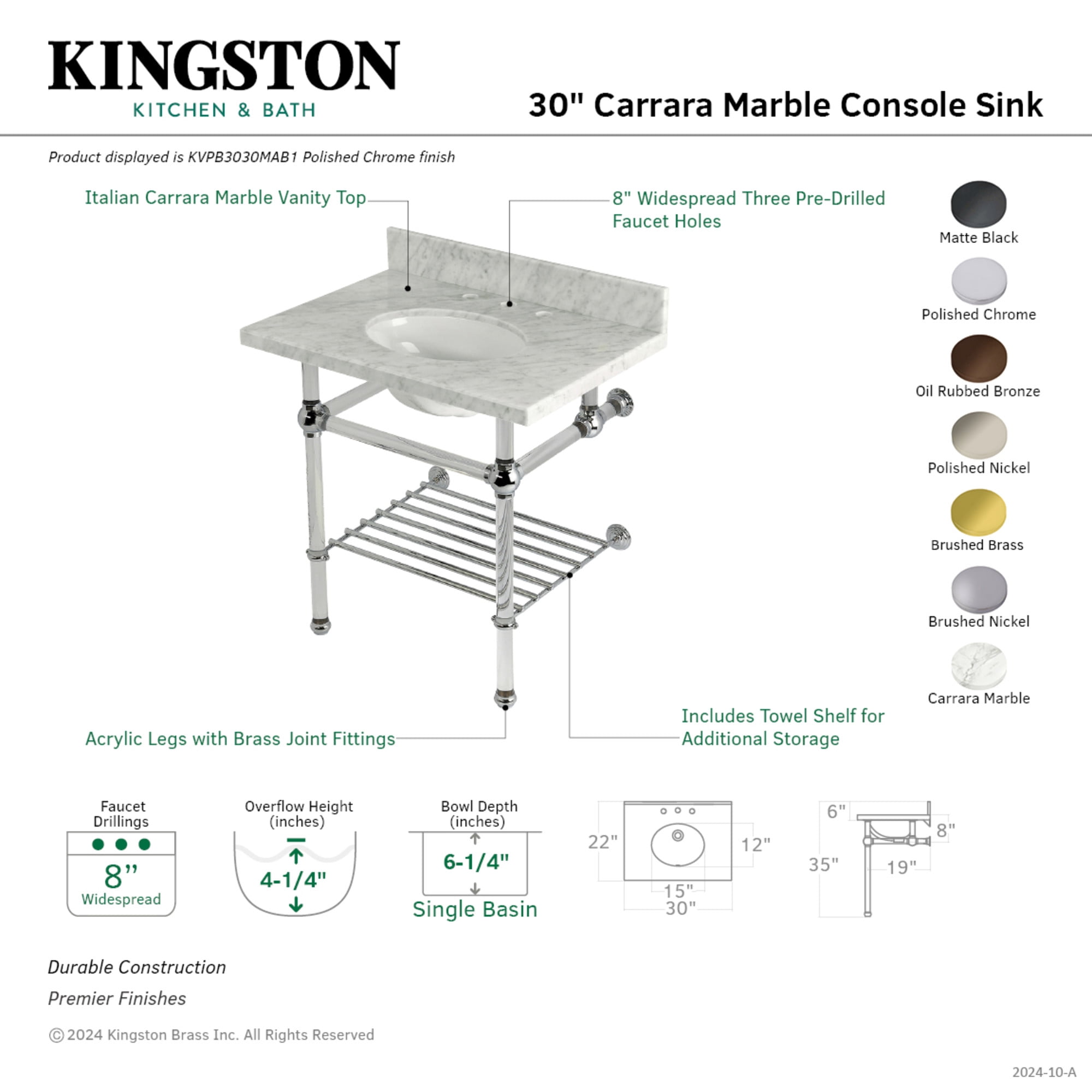 Kingston Brass KVPB3030MAB8 Templeton 30" Carrara Marble Console Sink with Acrylic Legs and Shelf (8-Inch, 3-Hole), Carrara Marble White/Brushed Nickel