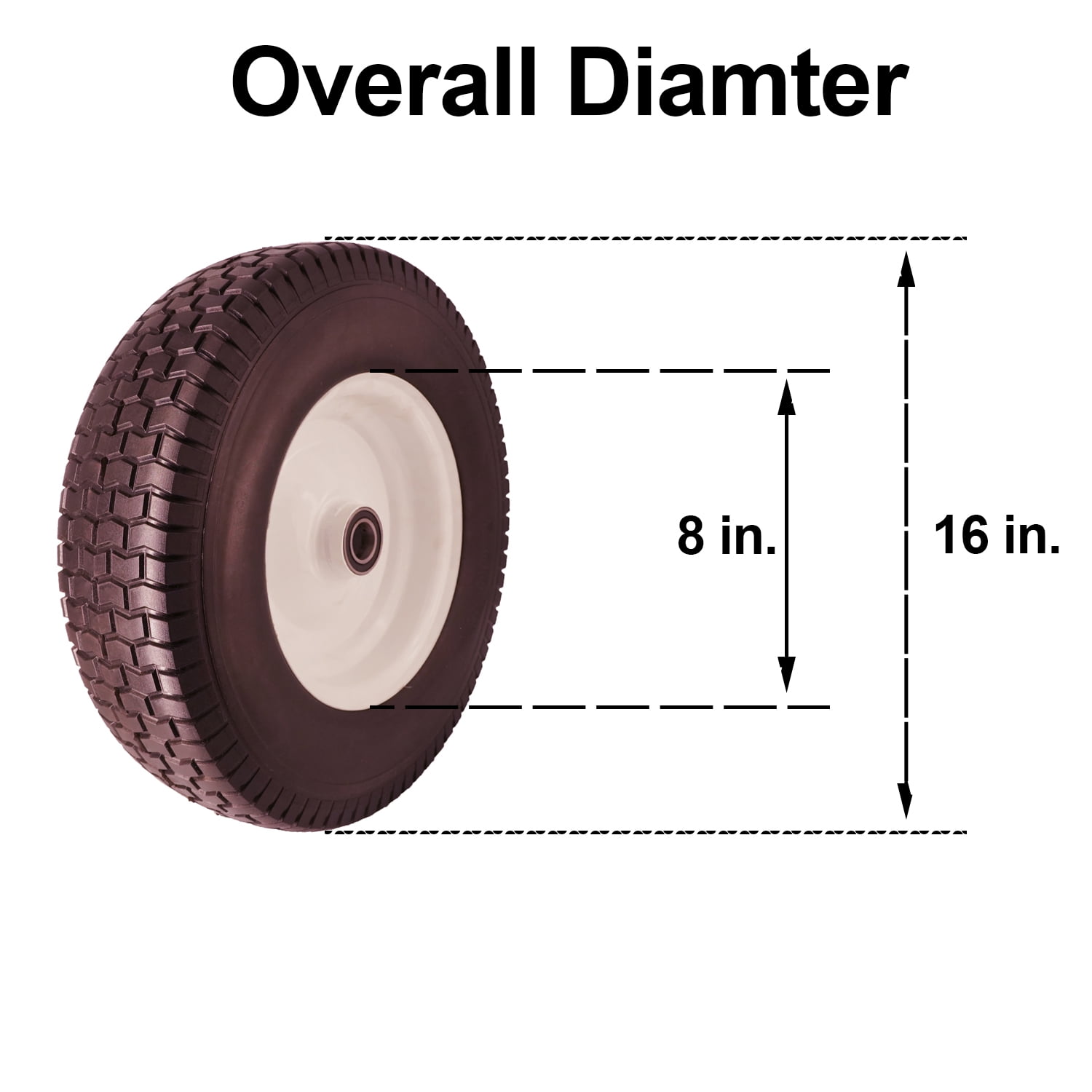 Flat Free 16x5.00-8 Tire with 1 inch Bearings, 3” Center Hub Turf Tread 16x5.00-8 Tire and Wheel for Lawn Mower Garden Tractor Wheelbarrow, 16 inch Solid Tire 16x5.00-8 with 1 inch Bore