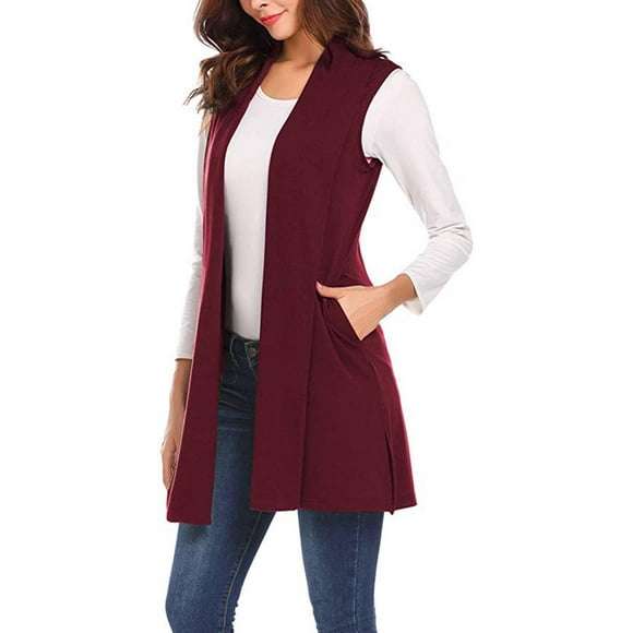 Solid Color Casual Loose Sleeveless Cardigan Front Long Vest with Vest Elastic Polyester Vests Clothing Fashion Outerwear Wine red M