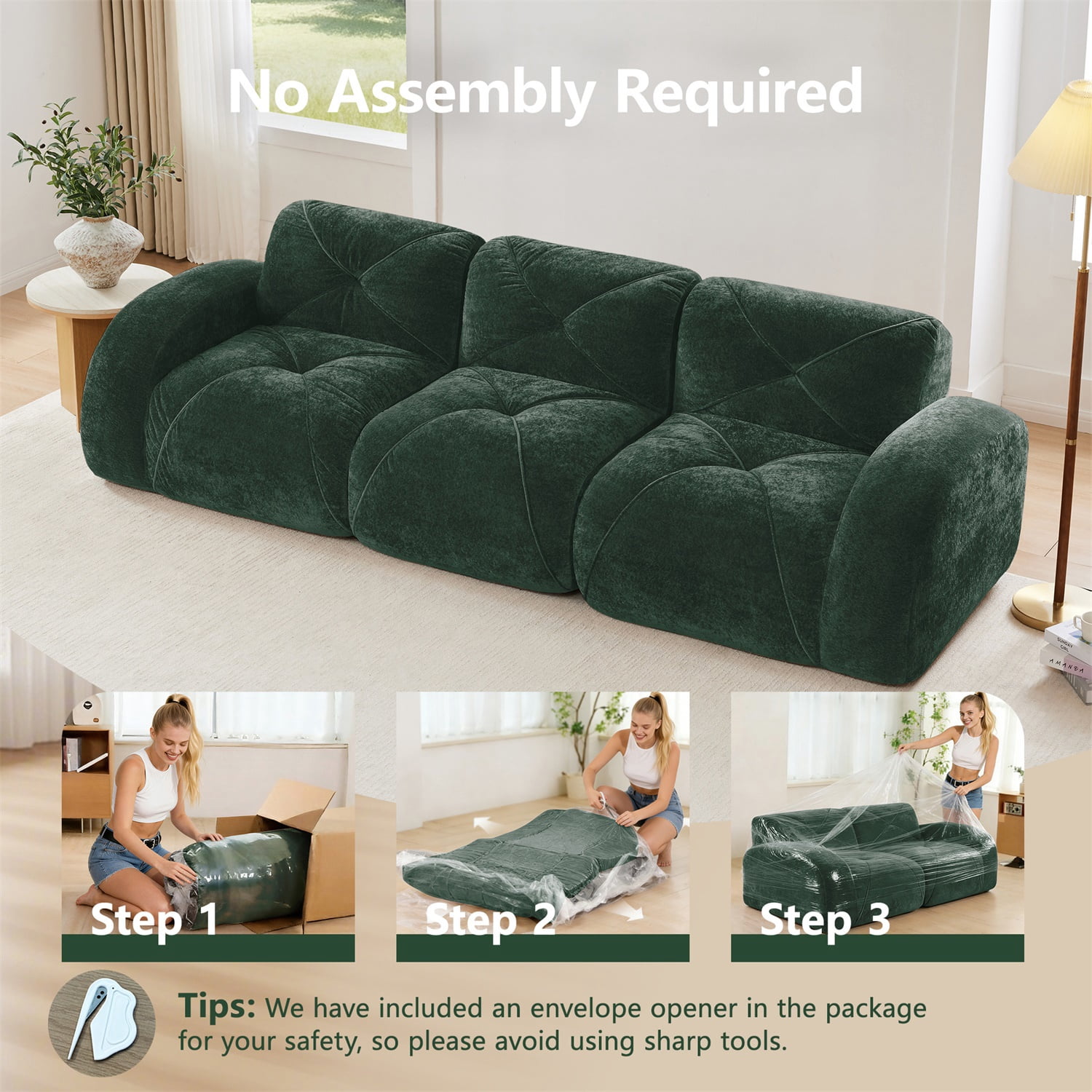 Hommoo 110" Boneless Sofa With Tufted, Luxruious Velvet Fabric Modular Sectional Sofa Couches, for Living Room Apartment, Green