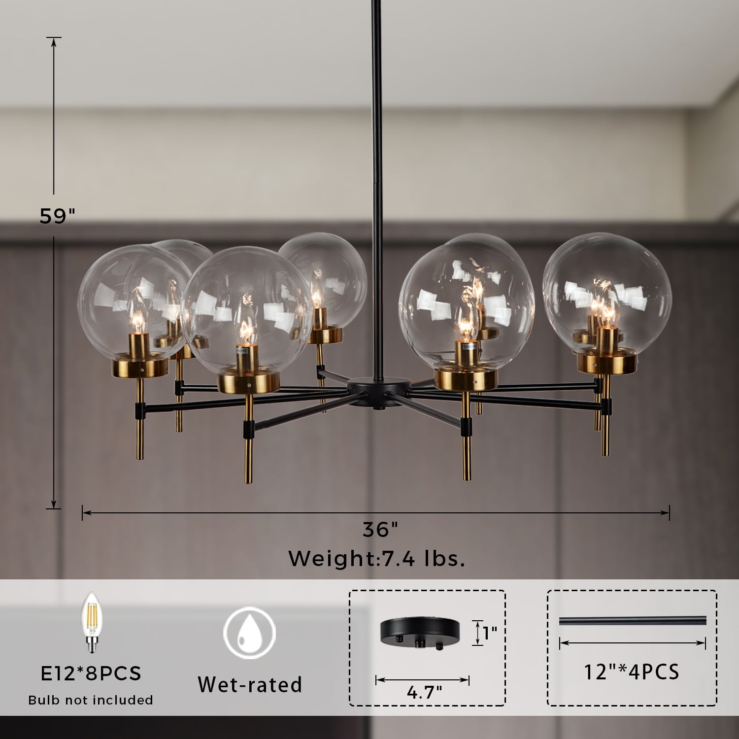 Glass Globe Round Chandelier, Camryn Glass Globe Round Chandelier (36")