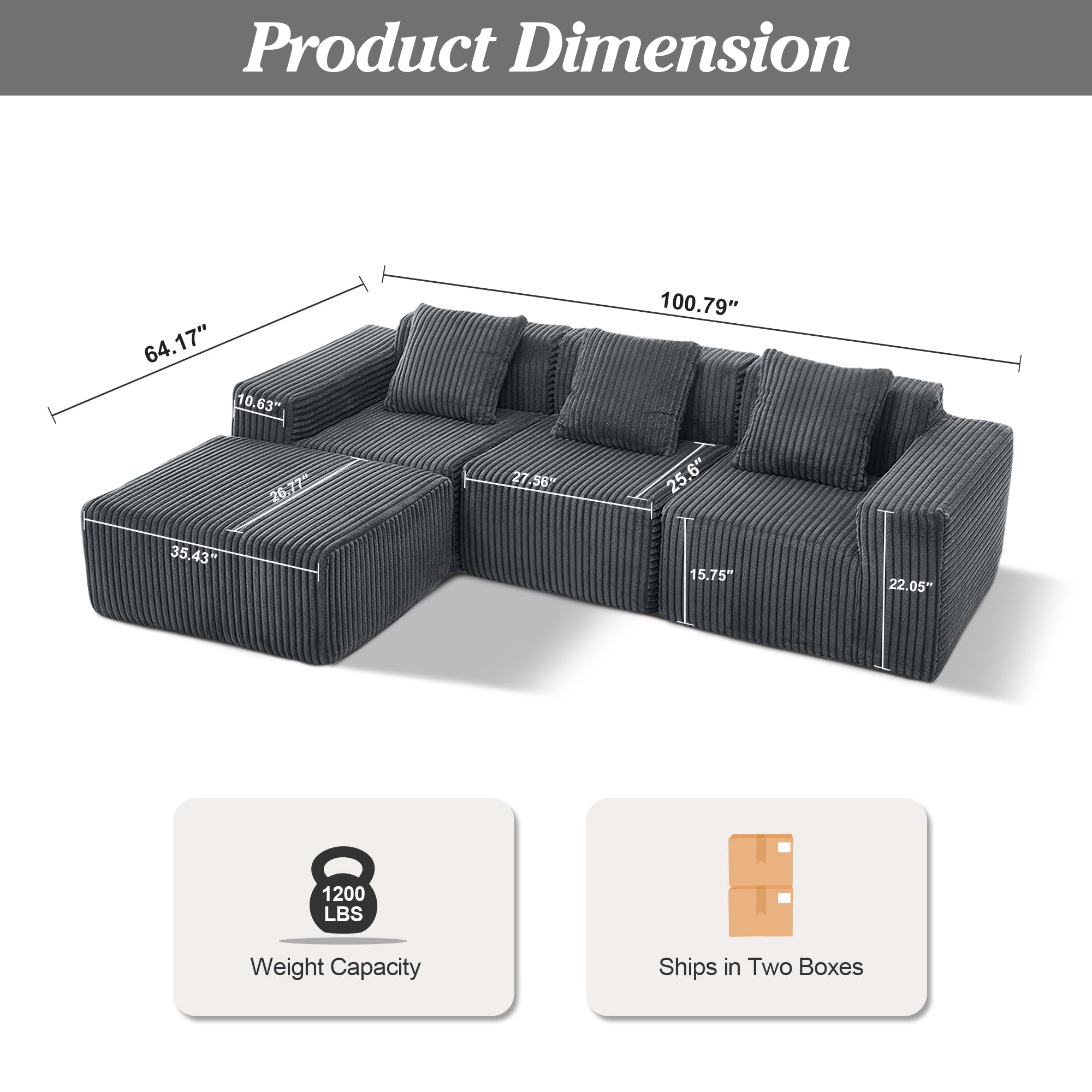 Upholstered Cloud Couch, Modern Minimalist Corduroy Couches for Living Room, Foam-Filled Compressed Sofa,No Assembly Required
