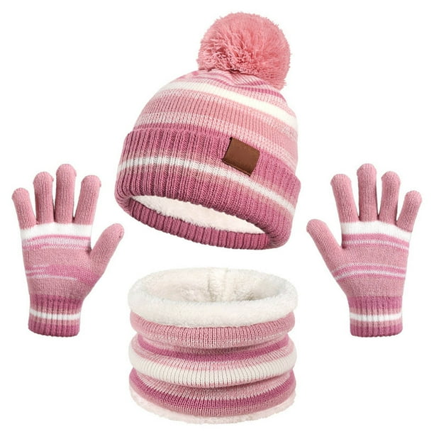 Borde niños sombrero babero y guantes conjunto otoño e invierno de punto y forro polar cálido sombrero bola de pelo 3 Piece Set