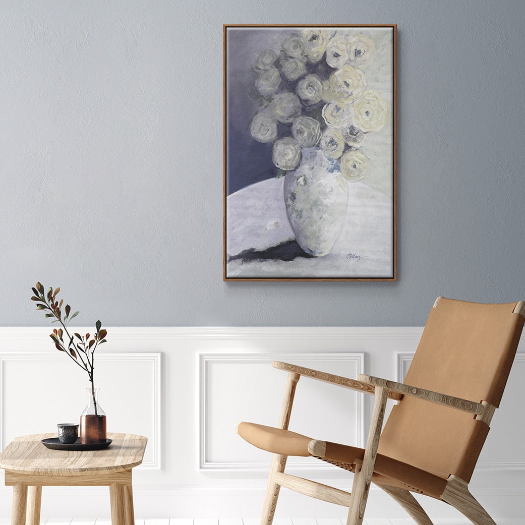 Green Vase with Yellow Flowers Framed Premium Gallery Wrapped Canvas - Ready to Hang - 17 x 25 - Walnut Floating Frame