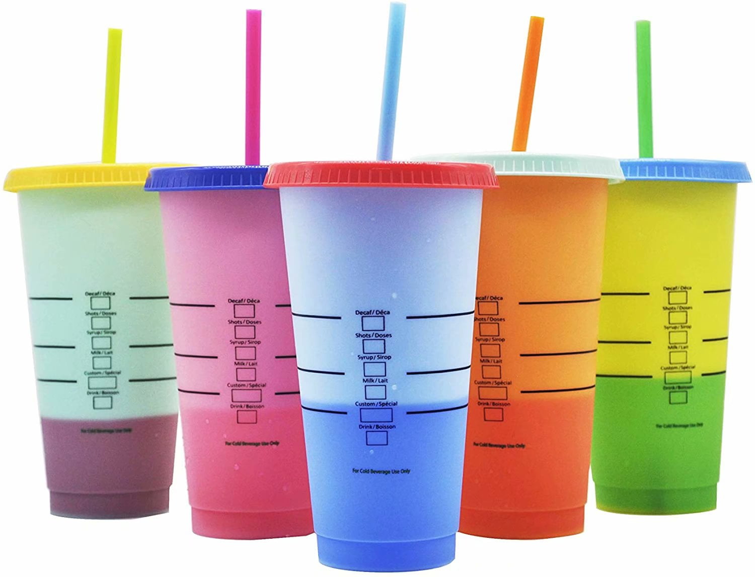 Triani Plastic Cups with Lids and Straws for Adults - 5 Reusable Cold Cups  in Bright Colors, 24oz Color Changing Cups Iced Coffee Cup,Smoothie