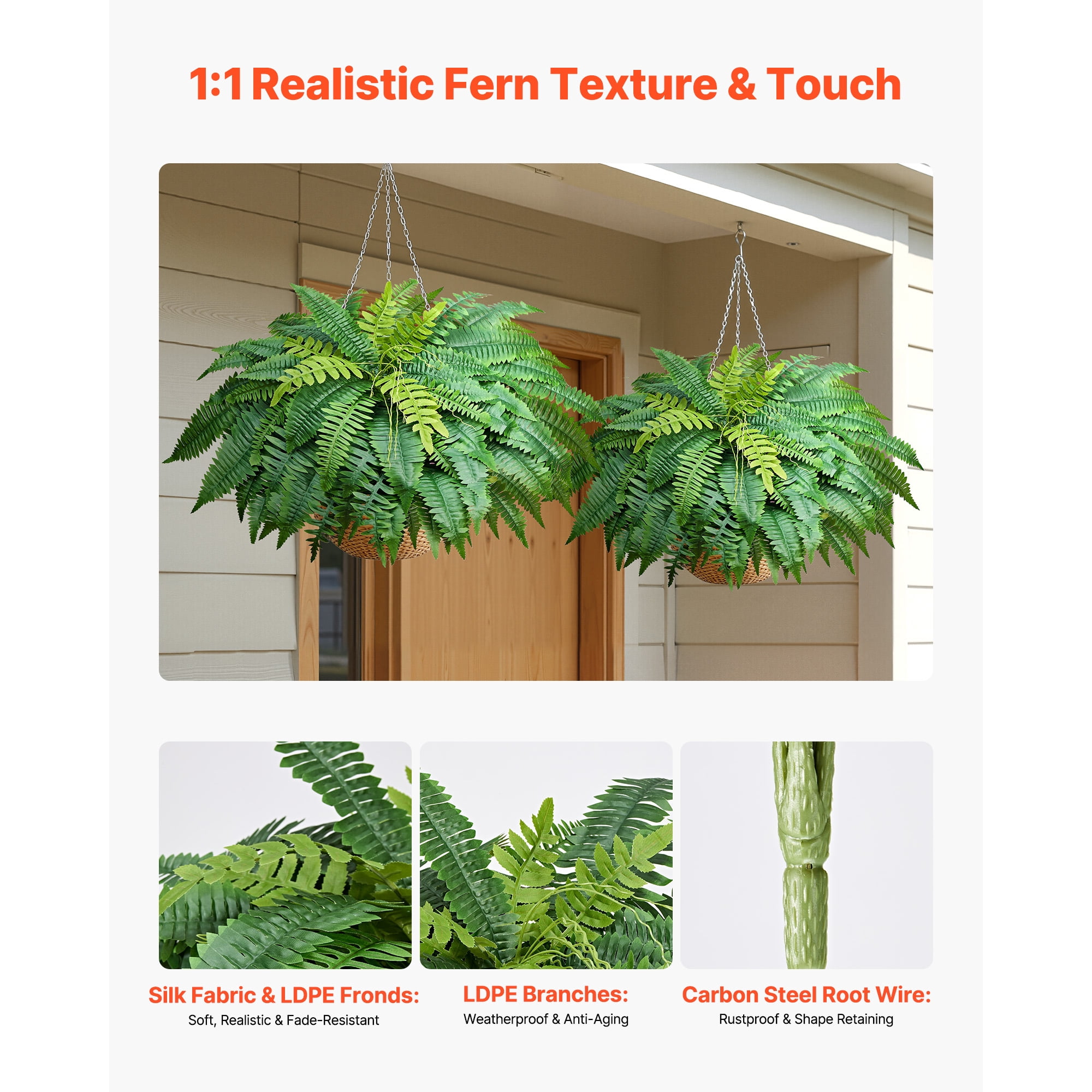 KFFKFF Artificial Ferns, 50-Inch Fake Boston Fern Bush with 96 Fronds, Large Faux Greenery for Indoor and Outdoor Decoration, Silk & LDPE Material, Realistic Design for Home, Porch, Garden, Office