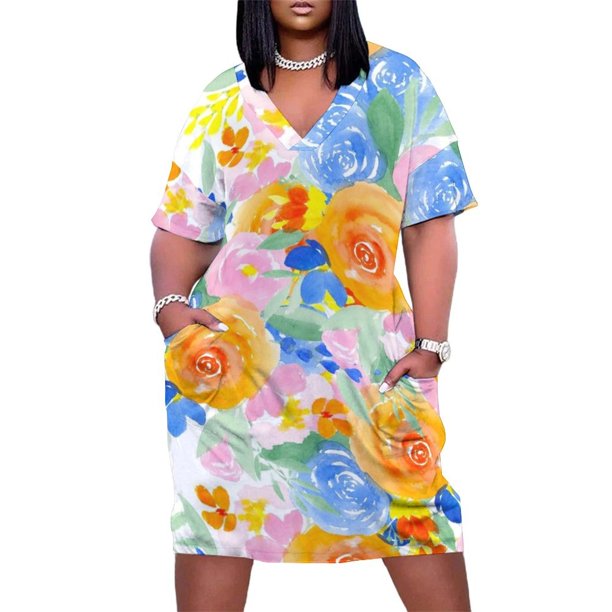 Vestido elegante con bolsillos sueltos y estampado de acuarela floral de color naranja brillante para embarazadas.
