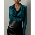 thumbnail image 4 of Women'S Elegant Satin Silk Blouse Cowl Neck Ruched Front Draped Long Sleeve Work Office Shirt Top Blue S, 4 of 6
