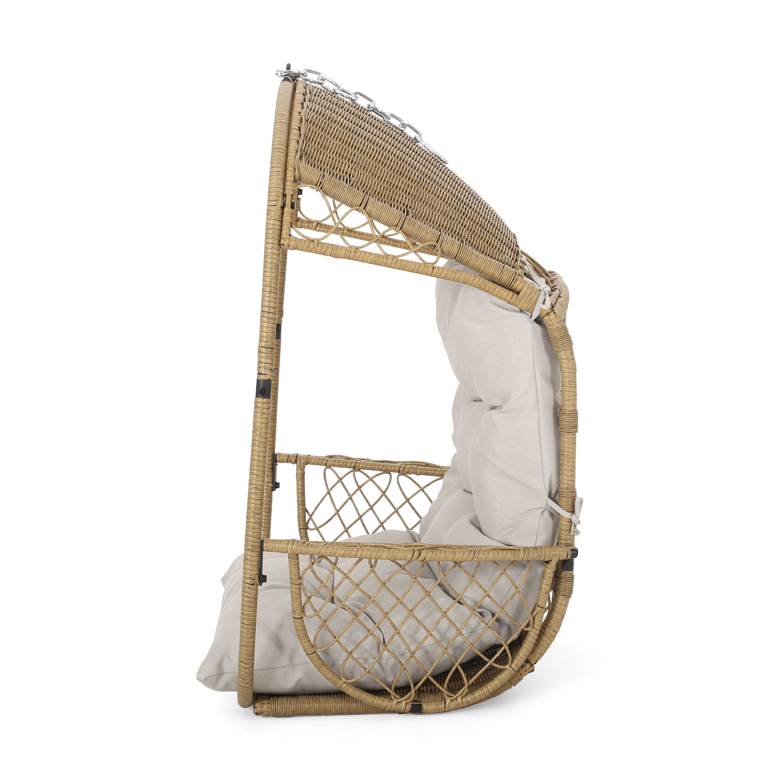 Outdoor Cushioned Hanging Leisure Chair, Wicker Weave Suspended Single Seat for Patio Garden, Light Brown and Beige
