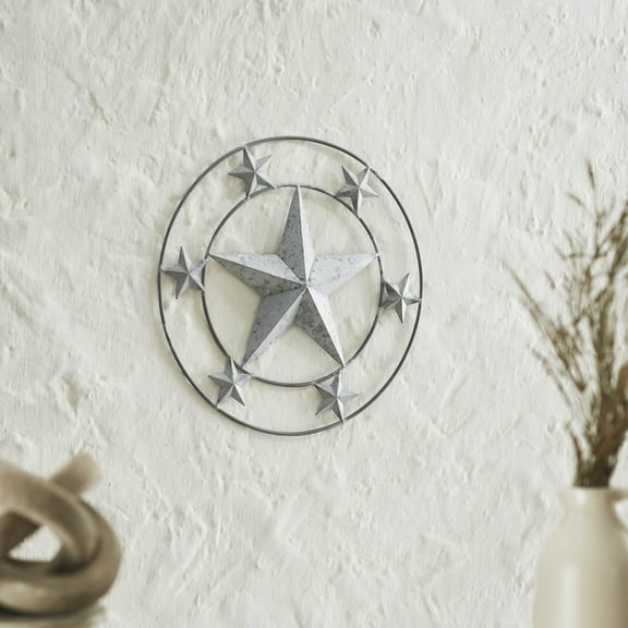 VHC Brands Patriotic Metal Stars Round Wall Hanging 12.5x12.5, Independence Day Decor, Decorative Wall Art, Rustic Farmhouse Decorations, Galvanized Grey