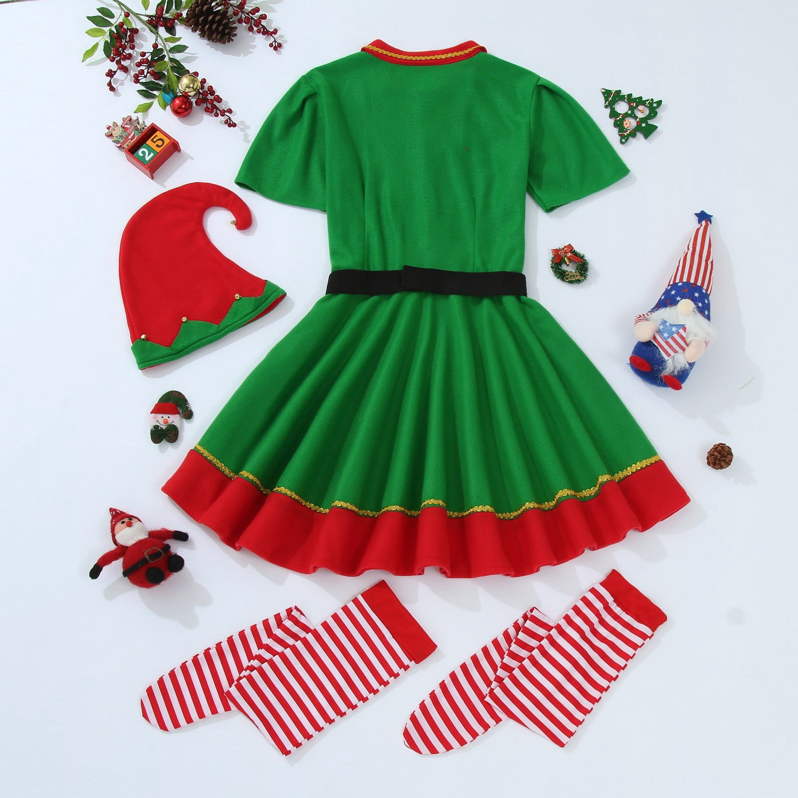DHFJKG Christmas Elf Outfit For Family Matching Womens Short Sleeve Turndown Collar Dress With Hat Socks 3 Piece Sets Classic Perfomance Wear