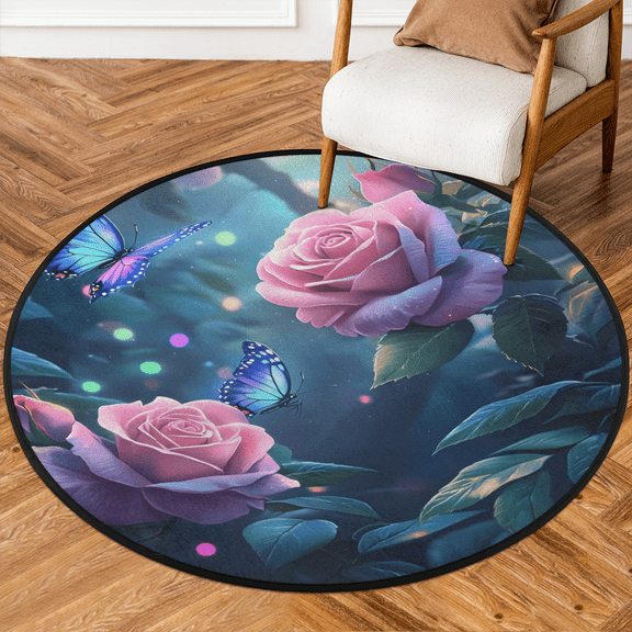 CURLYOOT Round Rug 3ft Floral and Butterfly in Forest Area Rug, Washable Circle Mat Non Slip Floor Carpet Mat, Soft Indoor Rugs for Entryway Living Room Dining Room Bedroom